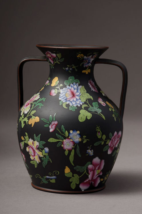 Picture of Floral Enameled Black Basalt Vase Large