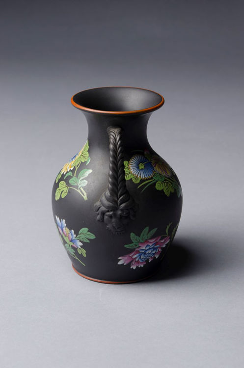 Picture of Floral Enameled Black Basalt Vase Large