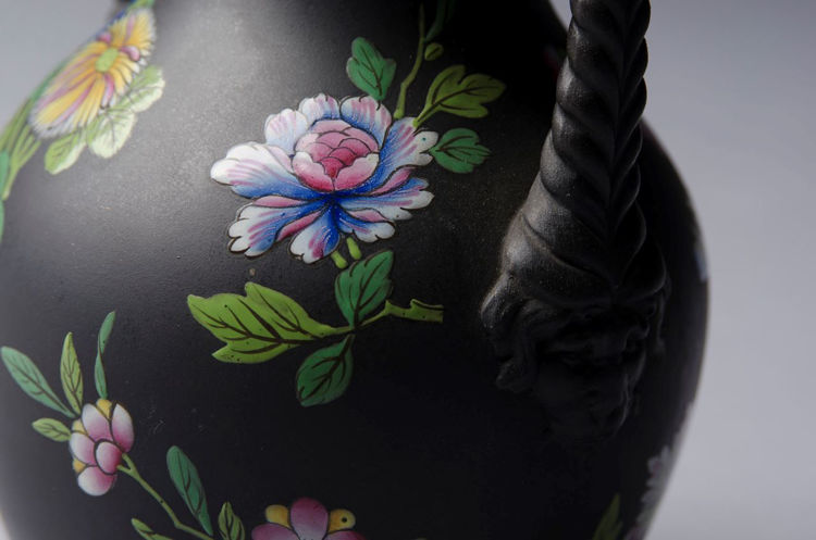 Picture of Floral Enameled Black Basalt Vase Large