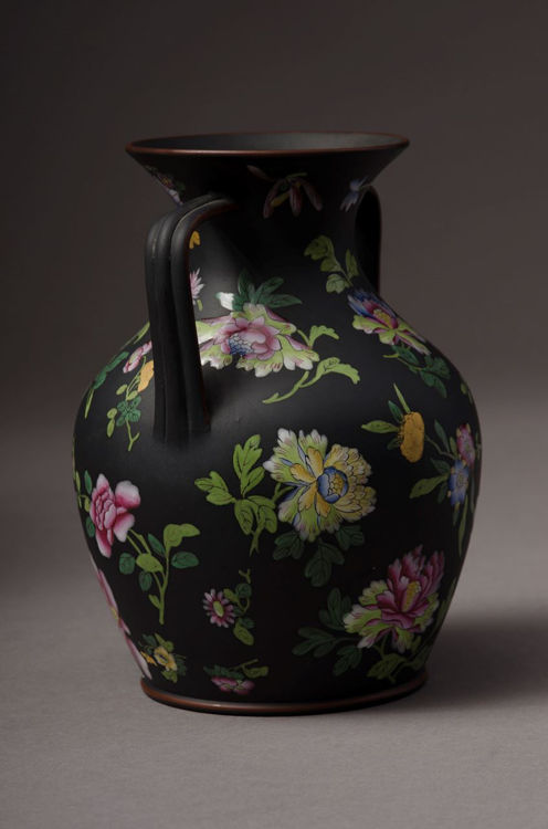 Picture of Floral Enameled Black Basalt Vase Large