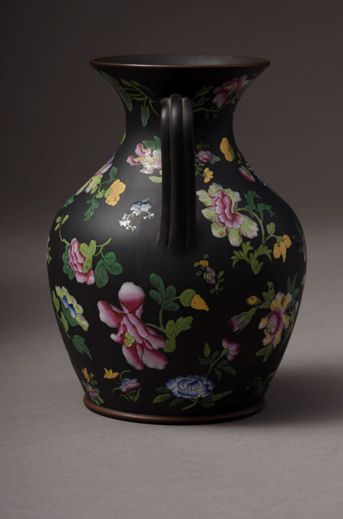 Picture of Floral Enameled Black Basalt Vase Large